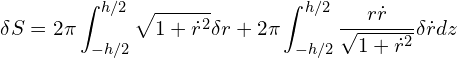 \begin{equation*} \delta S = 2 \pi \int_{-h/2}^{h/2} \sqrt{1+\dot{r}^2} \delta r + 2 \pi \int_{-h/2}^{h/2} \frac{r \dot{r}}{\sqrt{1 + \dot{r}^2}} \delta \dot{r} dz \end{equation*}