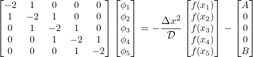 \begin{gather*} \small \begin{bmatrix} -2 & 1 & 0 & 0 & 0  \\ 1 & -2 & 1 & 0 & 0  \\ 0 & 1 & -2 & 1 & 0  \\ 0 & 0 & 1 & -2 & 1  \\ 0 & 0 & 0 & 1 & -2  \\ \end{bmatrix} \begin{bmatrix} \phi_1 \\ \phi_2 \\ \phi_3 \\ \phi_4 \\ \phi_5 \\ \end{bmatrix} = -\frac{\Delta x^2}{\mathcal{D}} \begin{bmatrix} f(x_1) \\ f(x_2) \\ f(x_3) \\ f(x_4) \\ f(x_5) \\ \end{bmatrix} - \begin{bmatrix} A \\ 0 \\ 0 \\ 0 \\ B \\ \end{bmatrix} \end{gather*}