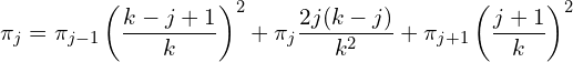 \begin{equation*} \pi_j = \pi_{j-1} \left ( \frac{k-j + 1}{k} \right )^2 + \pi_j \frac{2j(k-j)}{k^2}  + \pi_{j+1} \left ( \frac{j+1}{k} \right ) ^2 \end{equation*}